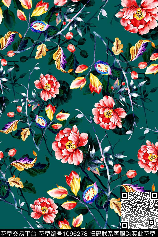 手绘花卉女装牡丹数码印花华亿平台下载（图片编号: 1096278） - 瓦栏（Walan）