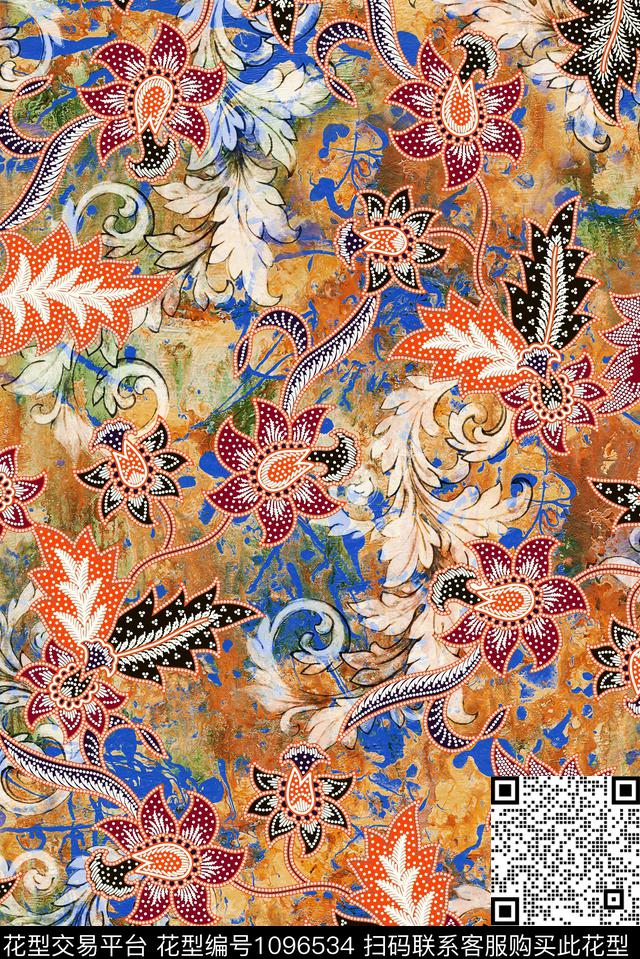 民族风复古底纹卷草几何数码印花华亿平台下载（图片编号: 1096534） - 瓦栏（Walan）