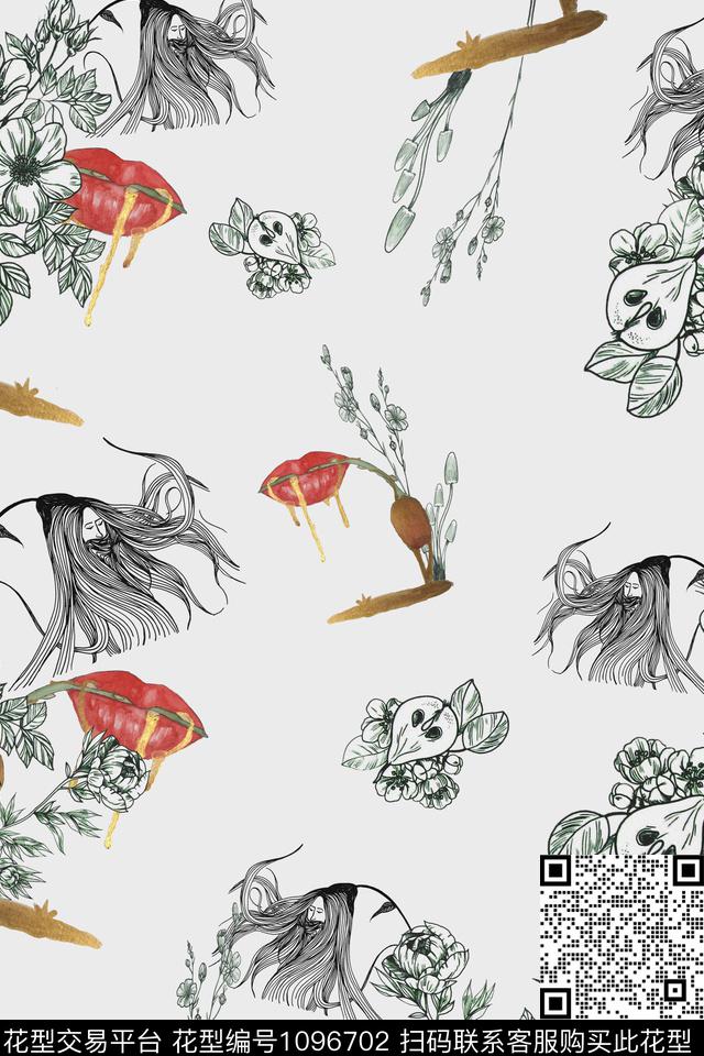 趣味创意抽象花卉传统印花华亿平台下载（图片编号: 1096702） - 瓦栏（Walan）