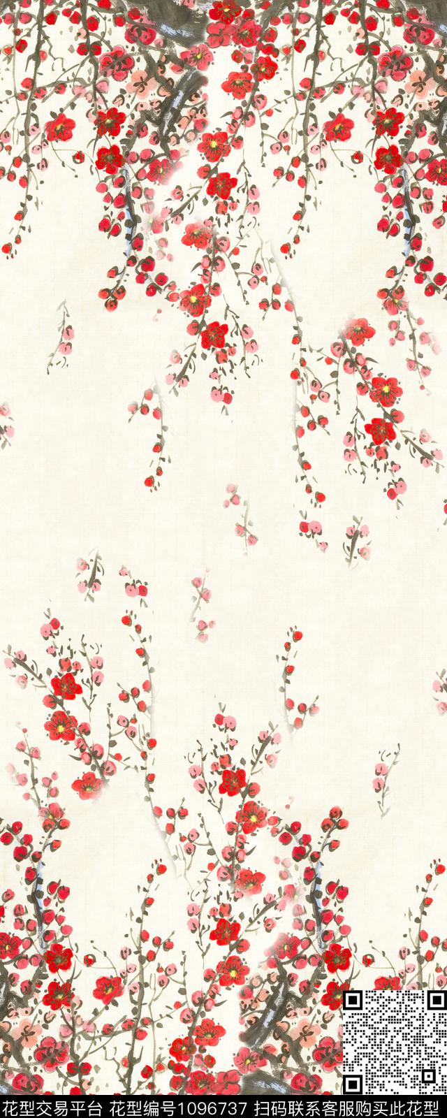 梅花花卉中国风数码印花华亿平台下载（图片编号: 1096737） - 瓦栏（Walan）