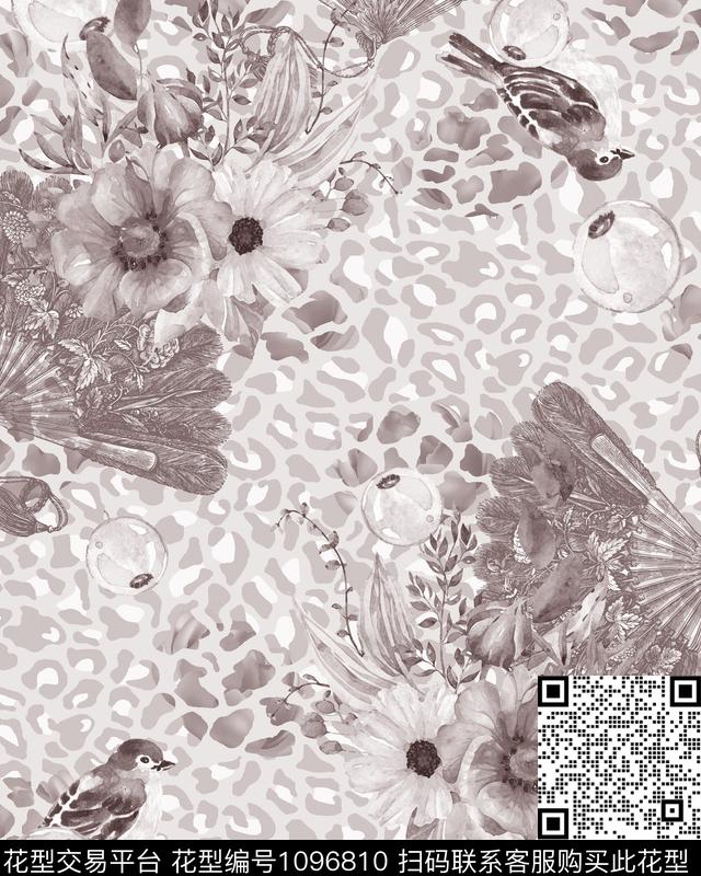 扇子水彩花鸟斑纹数码印花华亿平台下载（图片编号: 1096810） - 瓦栏（Walan）