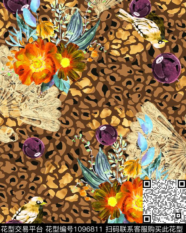 扇子水彩花鸟斑纹数码印花华亿平台下载（图片编号: 1096811） - 瓦栏（Walan）