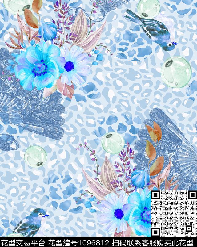 扇子水彩花鸟斑纹数码印花华亿平台下载（图片编号: 1096812） - 瓦栏（Walan）