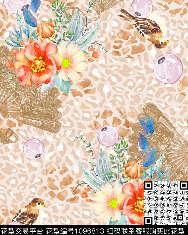 扇子水彩花鸟斑纹数码印花华亿平台下载（图片编号: 1096813） - 瓦栏（Walan）