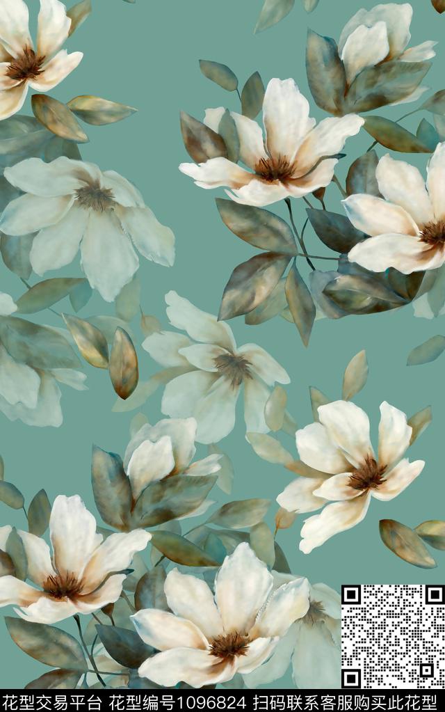 素雅玉兰花手绘花卉数码印花华亿平台下载（图片编号: 1096824） - 瓦栏（Walan）