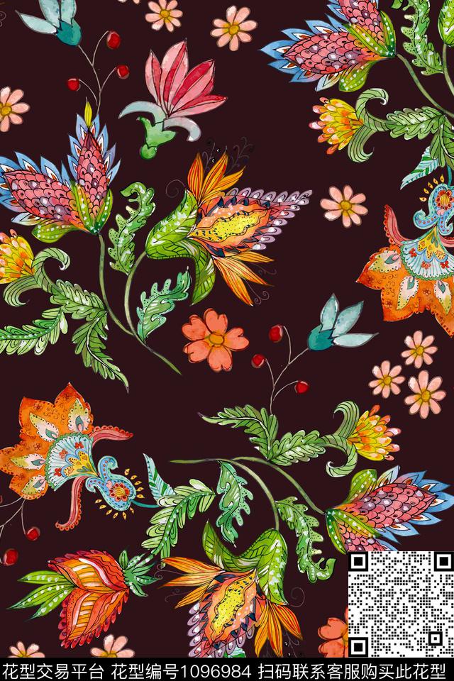 年轻女性手绘花卉数码印花华亿平台下载（图片编号: 1096984） - 瓦栏（Walan）