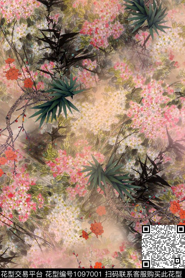 手绘花卉中国风混合拼接数码印花华亿平台下载（图片编号: 1097001） - 瓦栏（Walan）