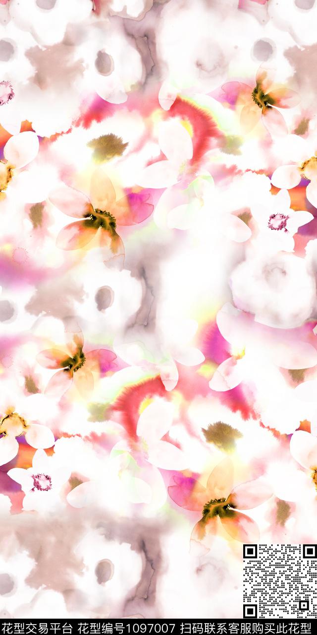 花卉水彩花卉渐变数码印花华亿平台下载（图片编号: 1097007） - 瓦栏（Walan）