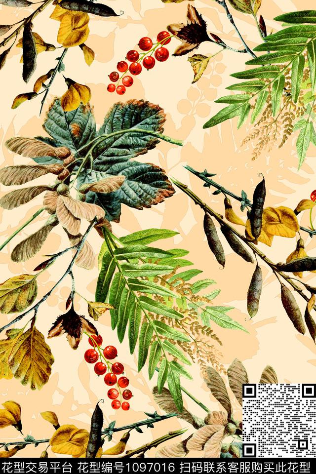 年轻女性绿植树叶果子数码印花华亿平台下载（图片编号: 1097016） - 瓦栏（Walan）