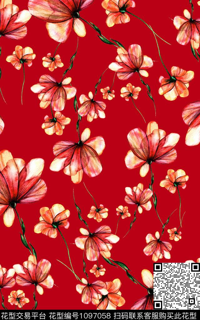 小碎花花卉大红数码印花华亿平台下载（图片编号: 1097058） - 瓦栏（Walan）