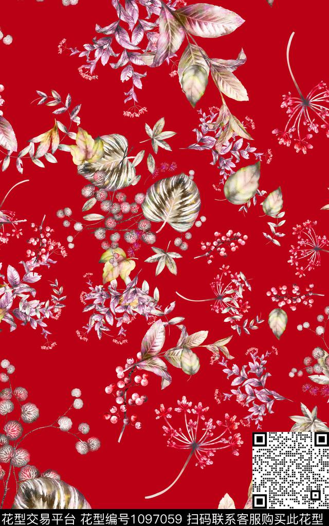 小碎花花卉大红数码印花华亿平台下载（图片编号: 1097059） - 瓦栏（Walan）