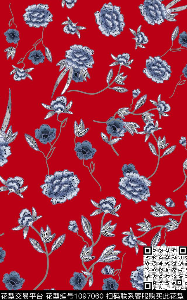 小碎花花卉大红数码印花华亿平台下载（图片编号: 1097060） - 瓦栏（Walan）