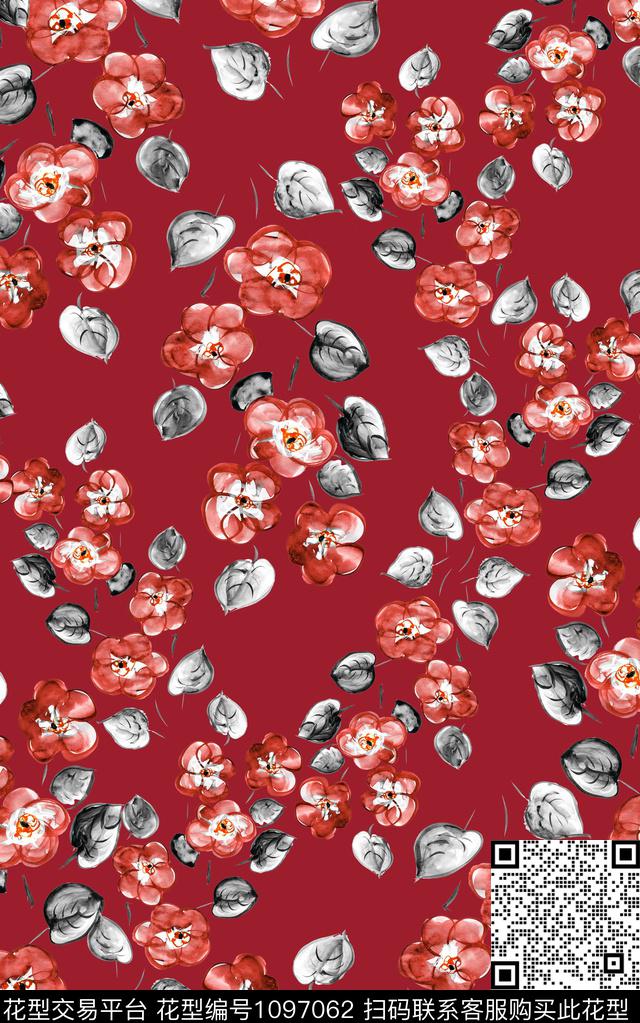 小碎花花卉大红数码印花华亿平台下载（图片编号: 1097062） - 瓦栏（Walan）