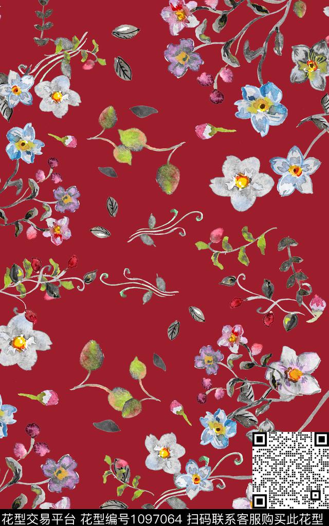 小碎花花卉大红数码印花华亿平台下载（图片编号: 1097064） - 瓦栏（Walan）