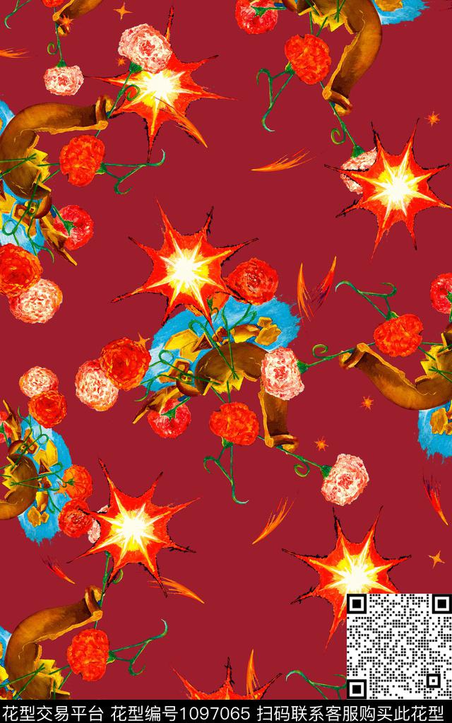 小碎花花卉大红数码印花华亿平台下载（图片编号: 1097065） - 瓦栏（Walan）