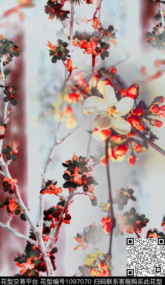 梅花花卉朦胧花卉数码印花华亿平台下载（图片编号: 1097070） - 瓦栏（Walan）