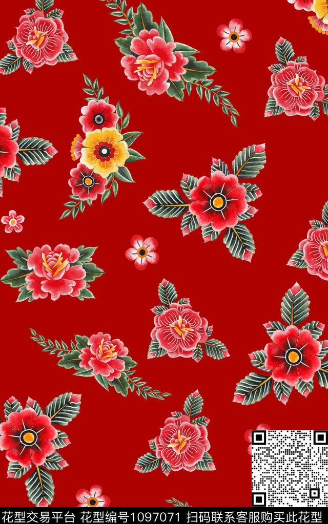 小碎花花卉大红数码印花华亿平台下载（图片编号: 1097071） - 瓦栏（Walan）