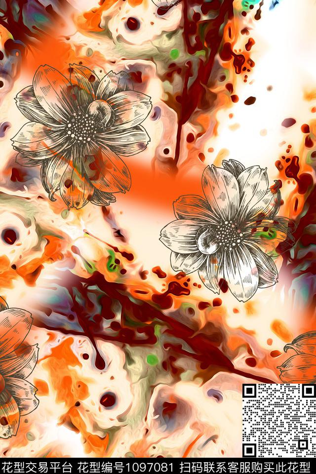 肌理抽象花卉数码印花华亿平台下载（图片编号: 1097081） - 瓦栏（Walan）