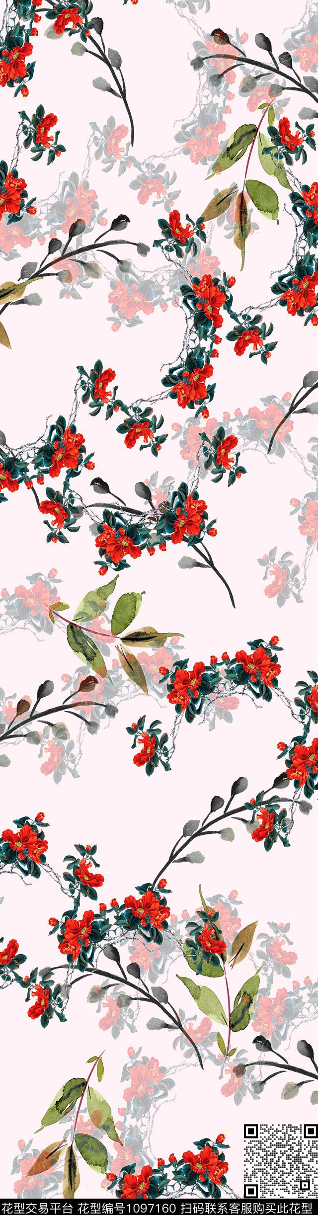 手绘花卉中长巾绿植树叶数码印花华亿平台下载（图片编号: 1097160） - 瓦栏（Walan）