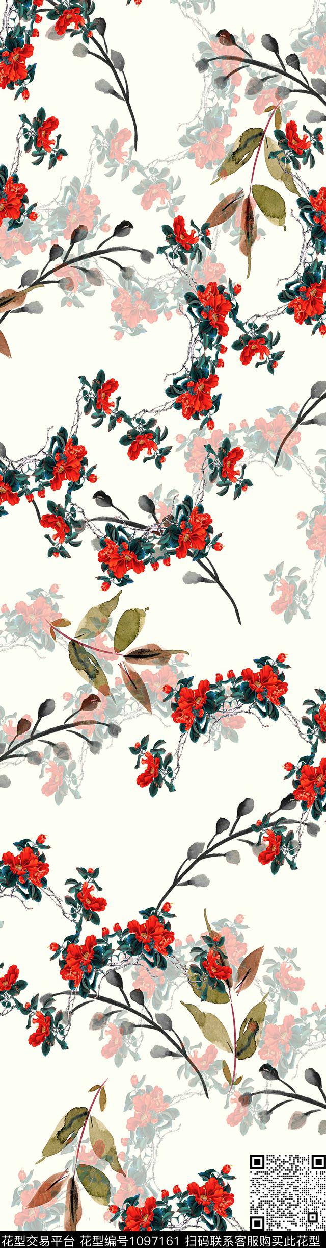 手绘花卉中长巾绿植树叶数码印花华亿平台下载（图片编号: 1097161） - 瓦栏（Walan）