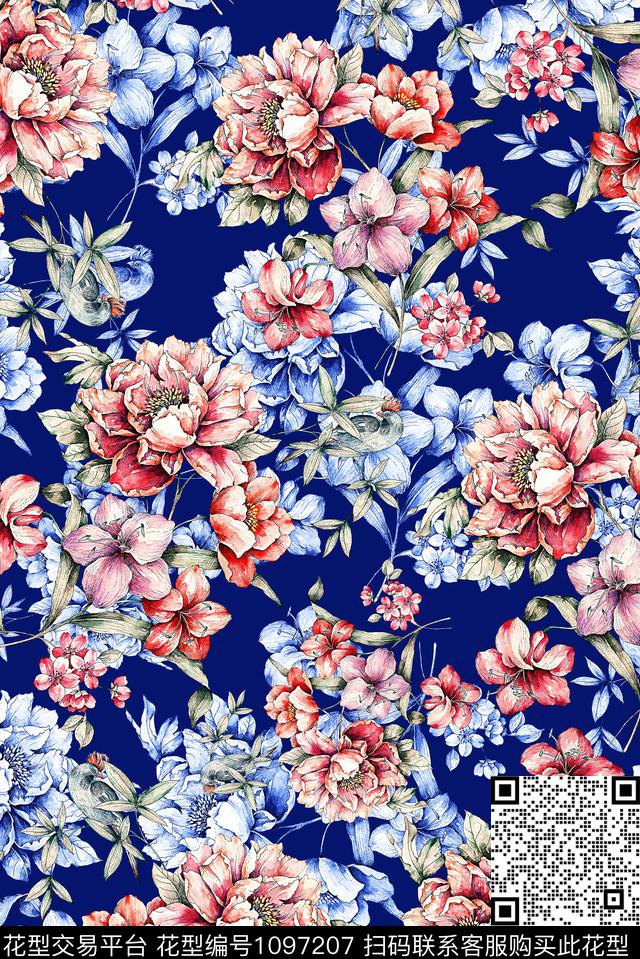 手绘花卉女装牡丹数码印花华亿平台下载（图片编号: 1097207） - 瓦栏（Walan）