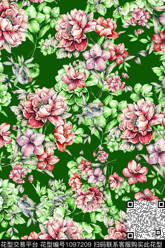 手绘花卉女装牡丹数码印花华亿平台下载（图片编号: 1097209） - 瓦栏（Walan）