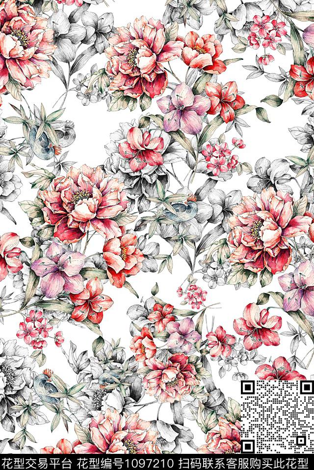 手绘花卉女装牡丹数码印花华亿平台下载（图片编号: 1097210） - 瓦栏（Walan）