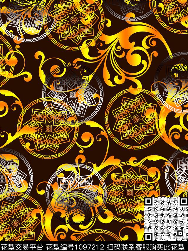 大牌风欧式花边金色回形纹数码印花华亿平台下载（图片编号: 1097212） - 瓦栏（Walan）