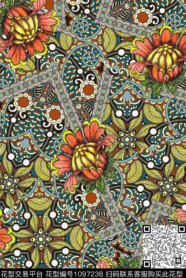 花卉欧洲复古数码印花华亿平台下载（图片编号: 1097238） - 瓦栏（Walan）