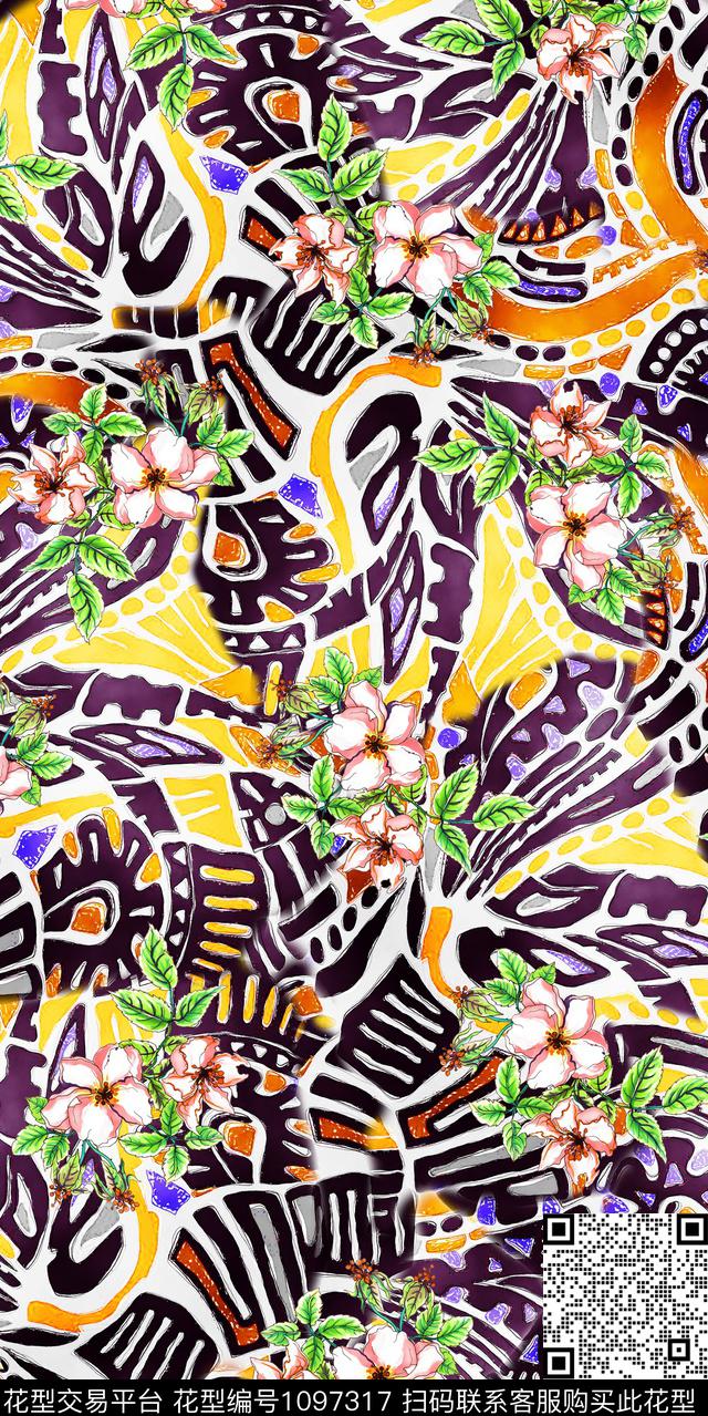 数码华亿平台花卉几何数码印花华亿平台下载（图片编号: 1097317） - 瓦栏（Walan）