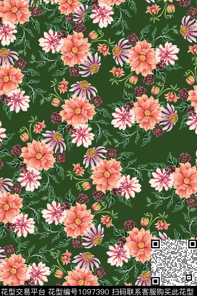 淑女大花艺术数码印花华亿平台下载（图片编号: 1097390） - 瓦栏（Walan）