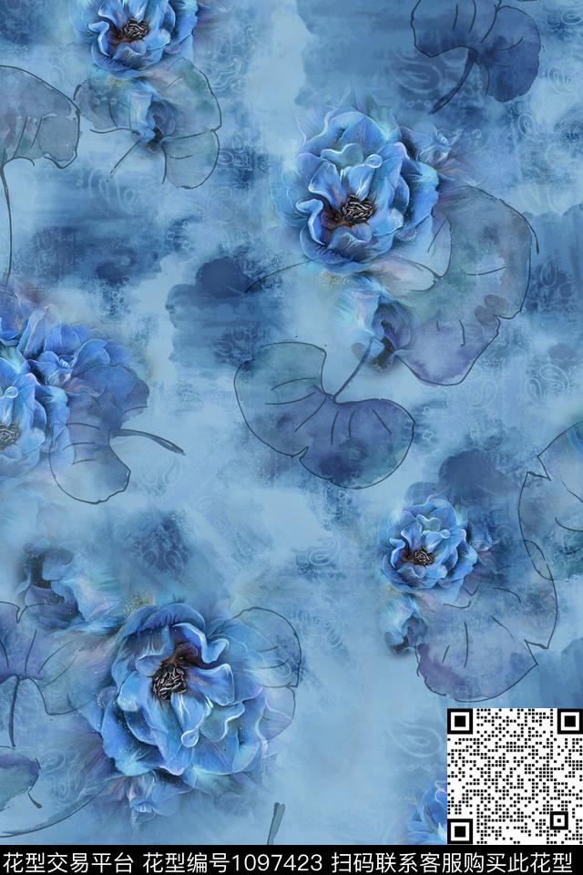 褪色花卉水彩花卉大牌风数码印花华亿平台下载（图片编号: 1097423） - 瓦栏（Walan）