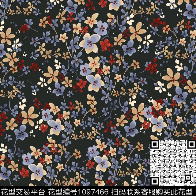 小碎花春夏华亿平台黑底花卉数码印花华亿平台下载（图片编号: 1097466） - 瓦栏（Walan）