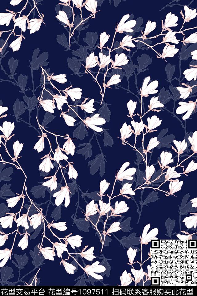 抽象花卉玉兰花海军蓝色数码印花华亿平台下载（图片编号: 1097511） - 瓦栏（Walan）
