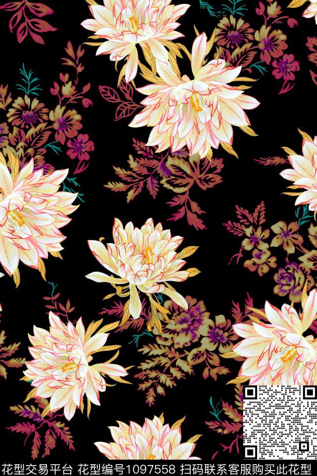 花卉昙花花纹传统印花华亿平台下载（图片编号: 1097558） - 瓦栏（Walan）