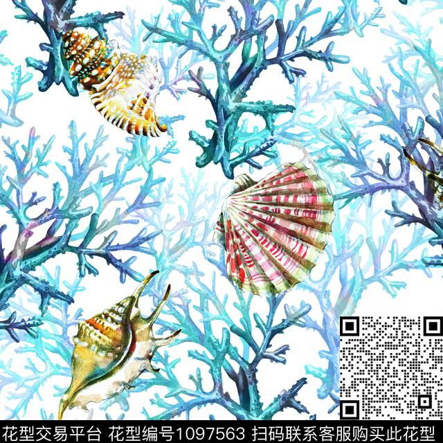 趣味珊瑚贝壳数码印花华亿平台下载（图片编号: 1097563） - 瓦栏（Walan）