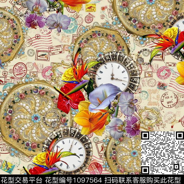 花卉表钟3D立体数码印花华亿平台下载（图片编号: 1097564） - 瓦栏（Walan）