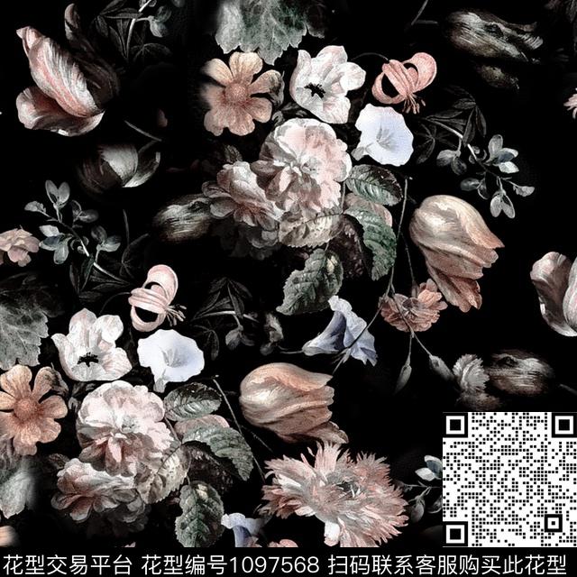 花卉3D立体黑底花卉数码印花华亿平台下载（图片编号: 1097568） - 瓦栏（Walan）