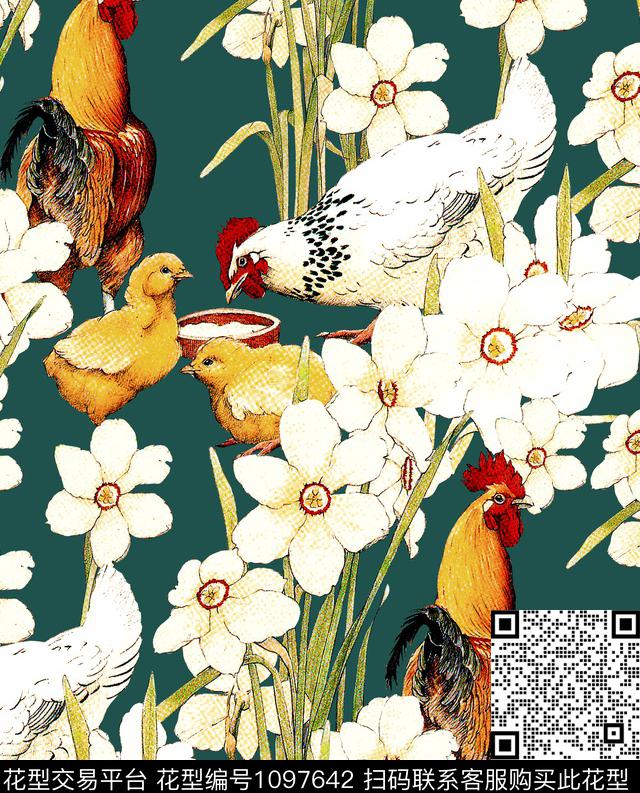 蒲公英虞美人公鸡数码印花华亿平台下载（图片编号: 1097642） - 瓦栏（Walan）