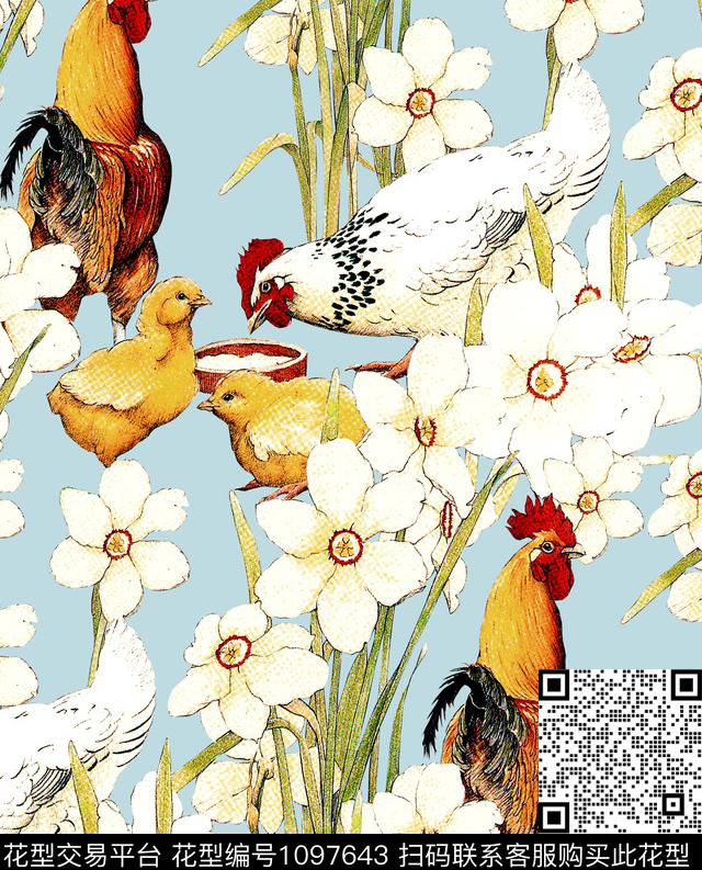 蒲公英虞美人公鸡数码印花华亿平台下载（图片编号: 1097643） - 瓦栏（Walan）