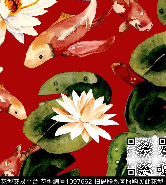香云纱荷花鱼数码印花华亿平台下载（图片编号: 1097662） - 瓦栏（Walan）