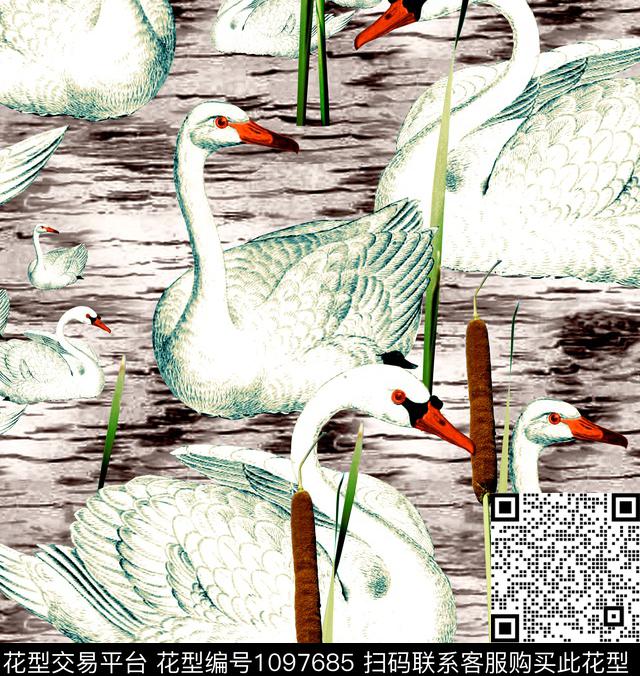 猴子天鹅鹦鹉数码印花华亿平台下载（图片编号: 1097685） - 瓦栏（Walan）