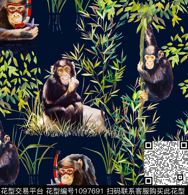 猴子天鹅鹦鹉数码印花华亿平台下载（图片编号: 1097691） - 瓦栏（Walan）