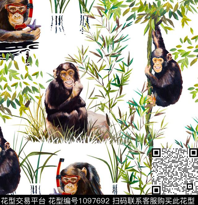 猴子天鹅鹦鹉数码印花华亿平台下载（图片编号: 1097692） - 瓦栏（Walan）