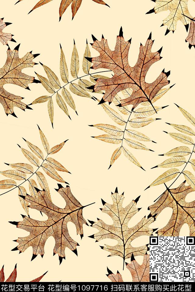 春夏华亿平台叶脉绿植树叶传统印花华亿平台下载（图片编号: 1097716） - 瓦栏（Walan）