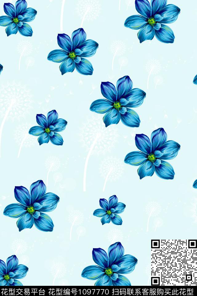 大花鲜花蒲公英数码印花华亿平台下载（图片编号: 1097770） - 瓦栏（Walan）