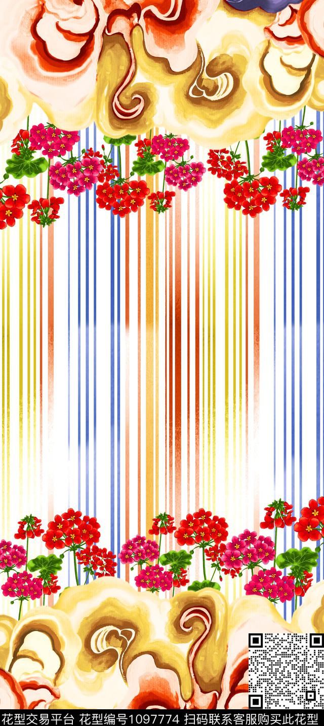线条花卉海浪如意数码印花华亿平台下载（图片编号: 1097774） - 瓦栏（Walan）