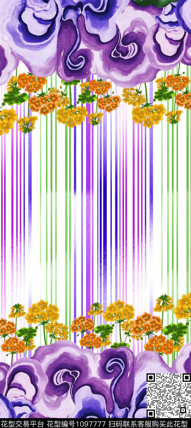 线条花卉海浪如意数码印花华亿平台下载（图片编号: 1097777） - 瓦栏（Walan）