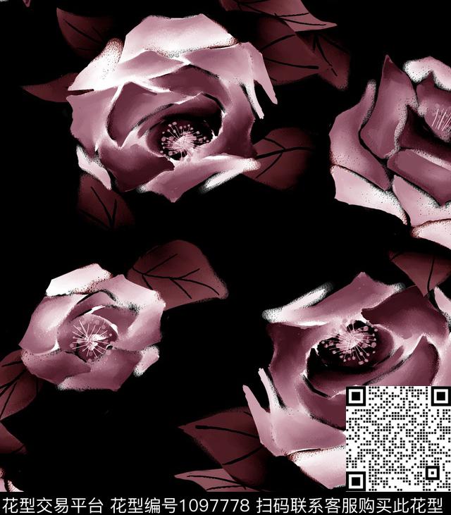 数码华亿平台手绘玫瑰大牌风数码印花华亿平台下载（图片编号: 1097778） - 瓦栏（Walan）