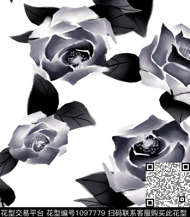 数码华亿平台手绘玫瑰大牌风数码印花华亿平台下载（图片编号: 1097779） - 瓦栏（Walan）